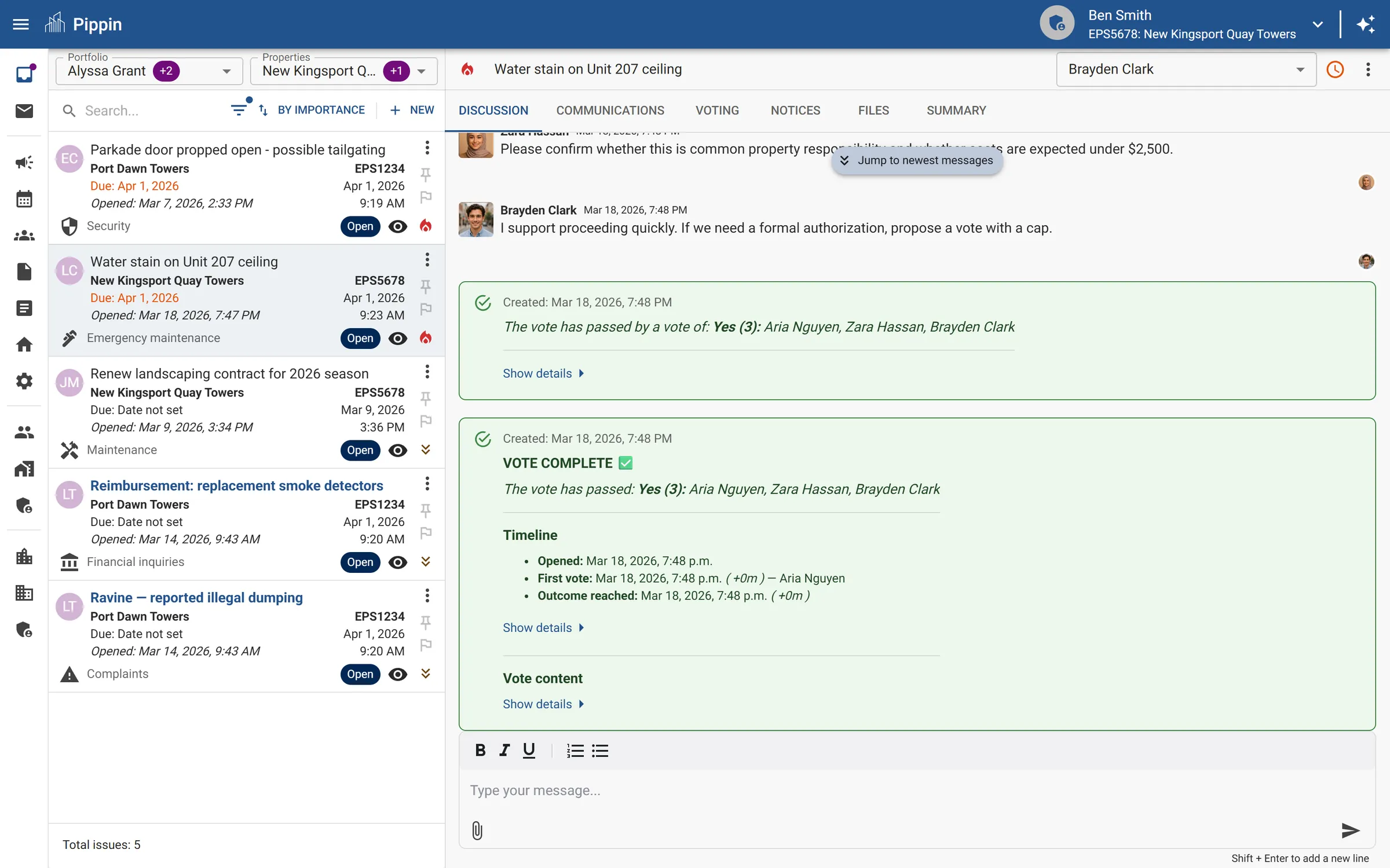 Live voting and discussion with council members casting votes