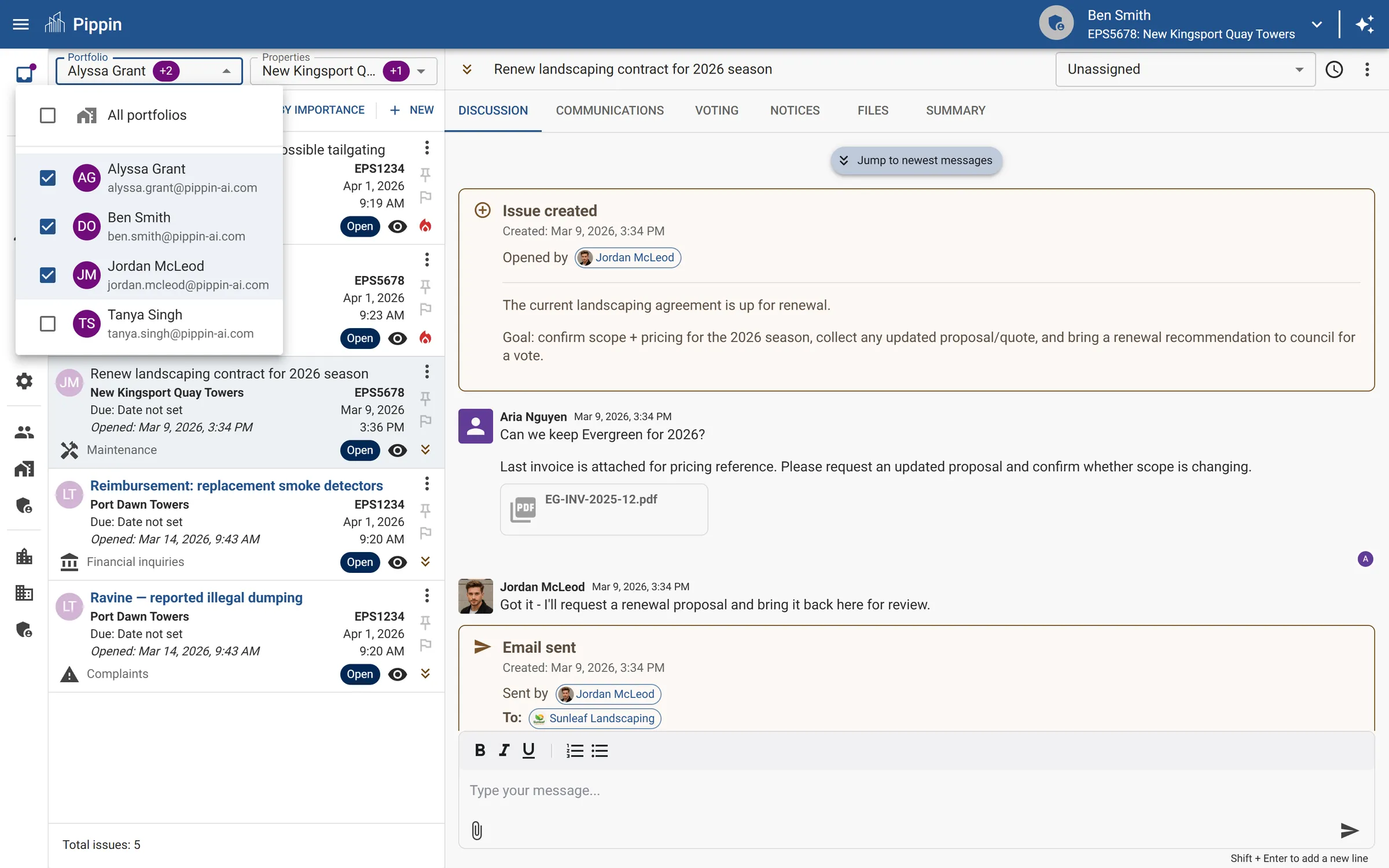 Issue list view with filters for building, category, status, and SLA indicators